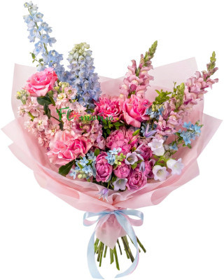 Букет с маттиолой и колокольчиками «Капли росы»